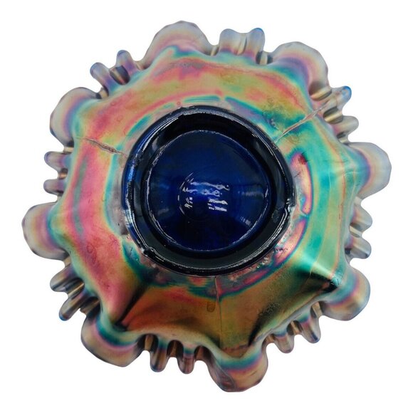 Antique Fenton Carnival Glass Heart & Vine Bowl Iridescent Ribbon Peacock Blue - Picture 7 of 10